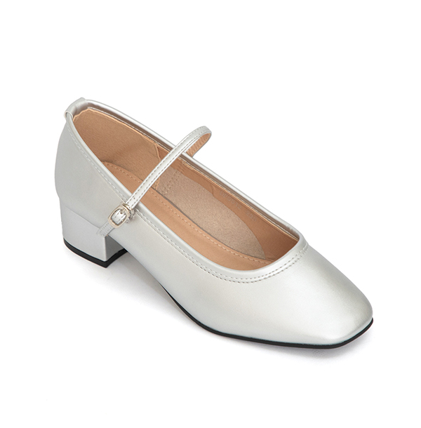 甜蜜蜜方頭氣質粗跟瑪莉珍鞋 銀色