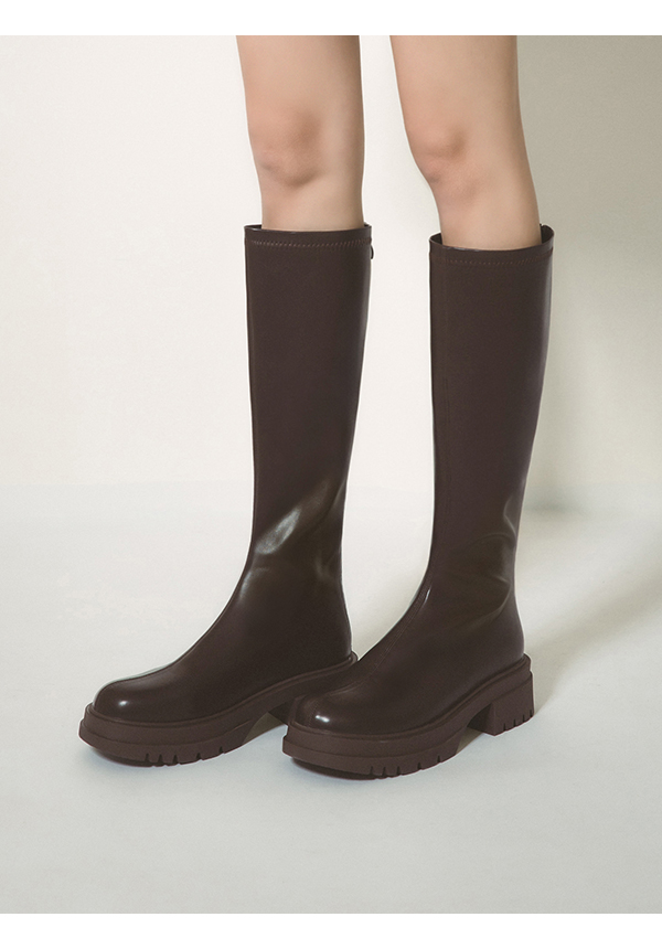 Plain Thick Sole Tall Boots Dark Brown