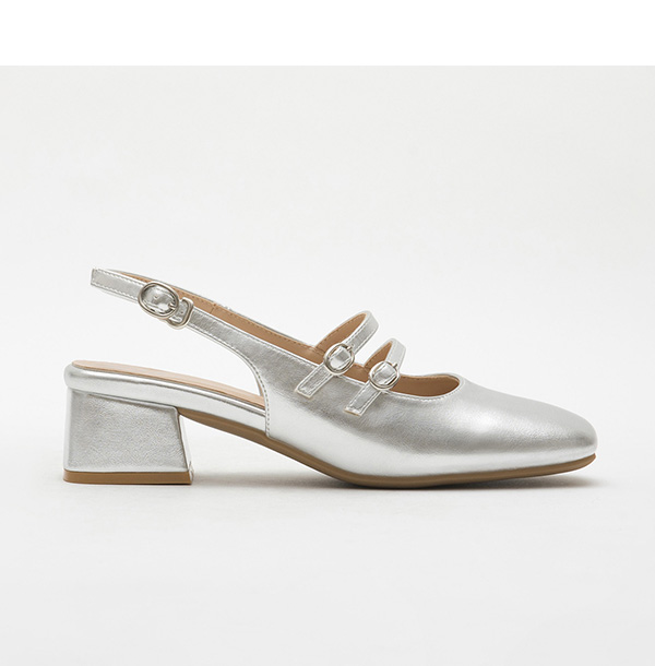 Patent Leather Double Strap Low-Heel Slingback Mary Jane Shoes Silver