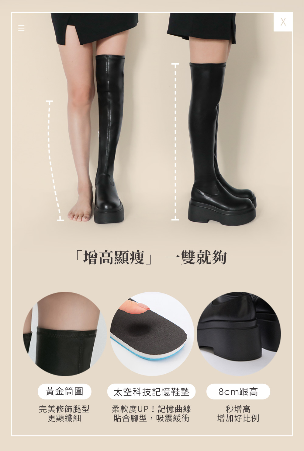 超激瘦．Plus級加厚鬆糕底瘦瘦膝上靴 時尚黑