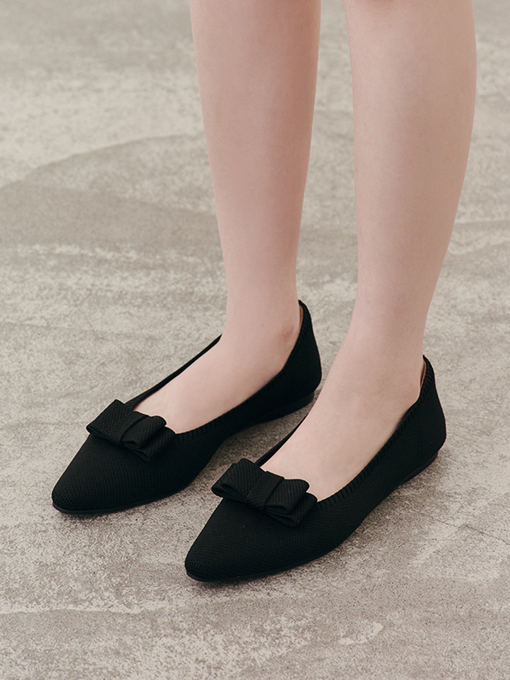 【3D零感雲織鞋】尖頭可拆卸蝴蝶結平底鞋 午夜黑