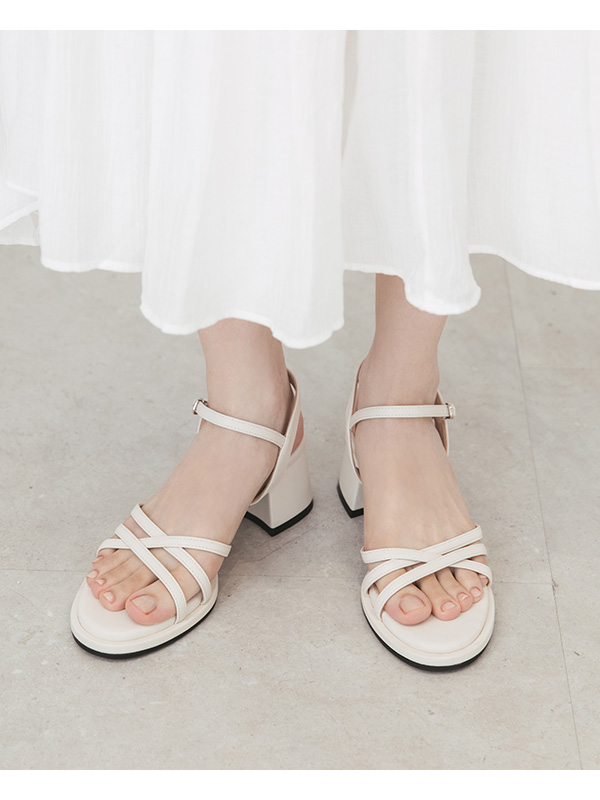 Cross-Strap Mid-Heeled Sandals French Vanilla White