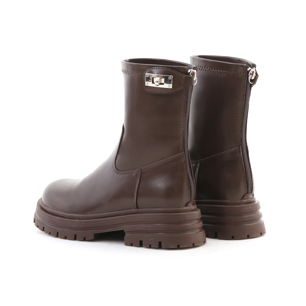 Round Toe Buckle Design Chunky Sole Short Boots Dark Brown