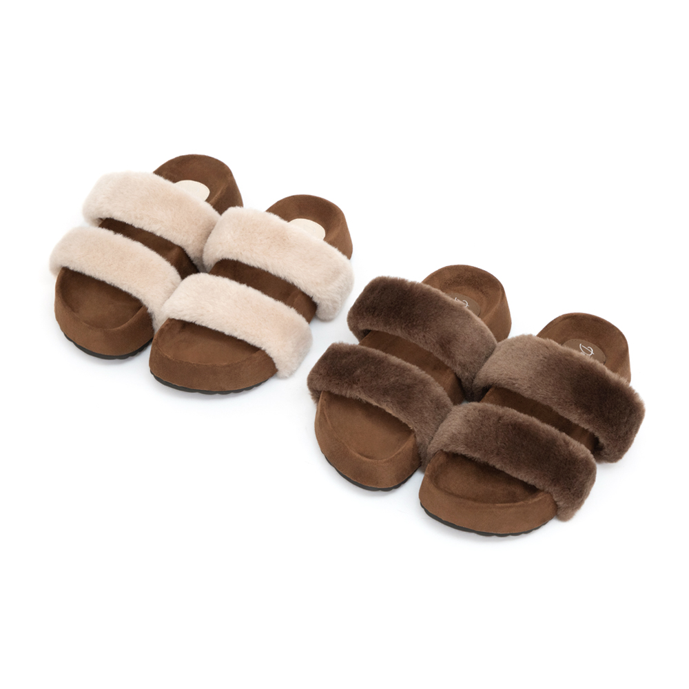 軟萌毛毛一字雙帶厚底拖鞋 杏色