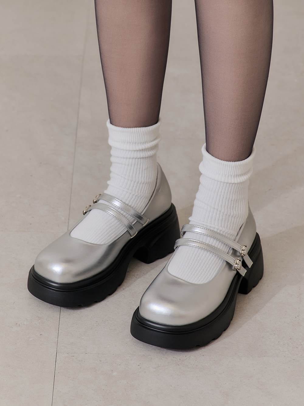 甜蜜愛心釦雙帶輕量瑪莉珍鞋 銀