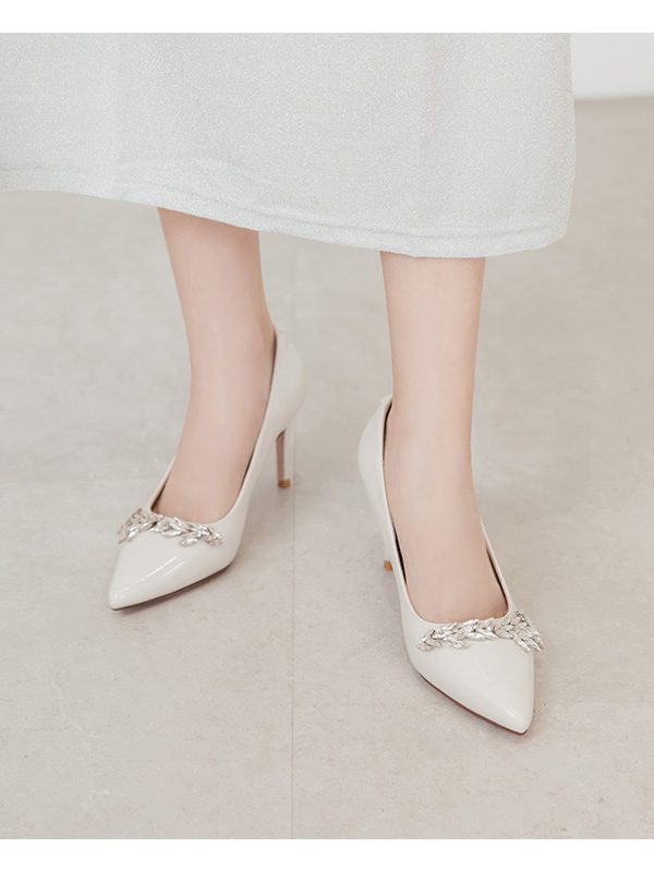 Glamour Gem-Embellished Patent Leather 8cm Heels French Vanilla White