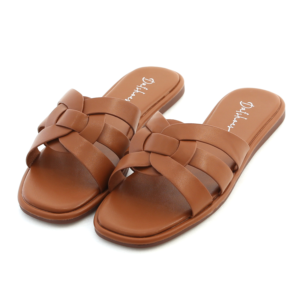 Woven Square Toe Flat Sandals Brown