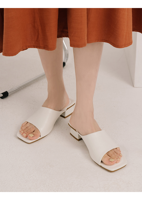 Irregular Strap Square Toe Low Heel Sandals White