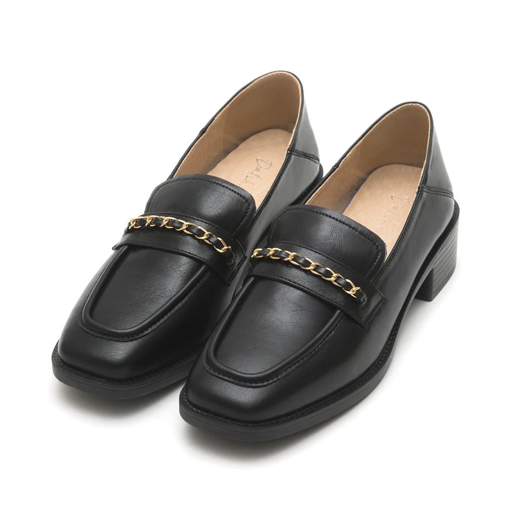 Metal Chain Square-Toe Loafers Black