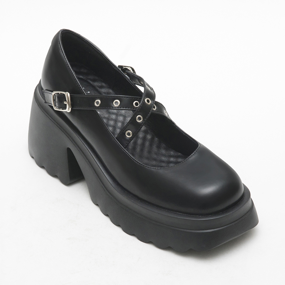 Metallic Cross-Straps Thick Sole Mary Jane Shoes Black