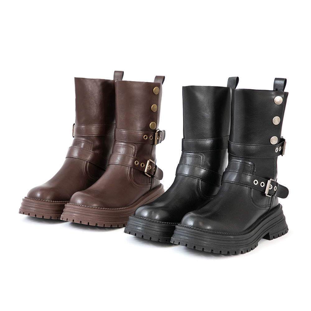 復古騎士釦環排釦機車短靴 咖啡