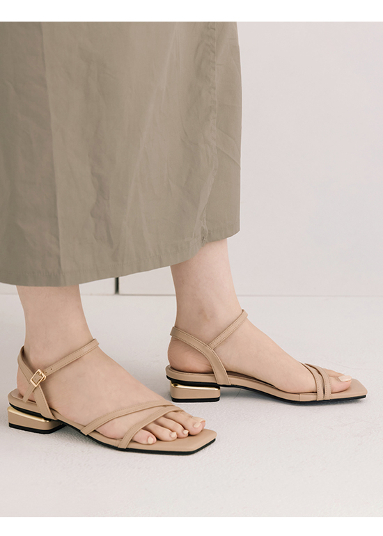 Irregular Strap Metallic Heel Sandals Beige