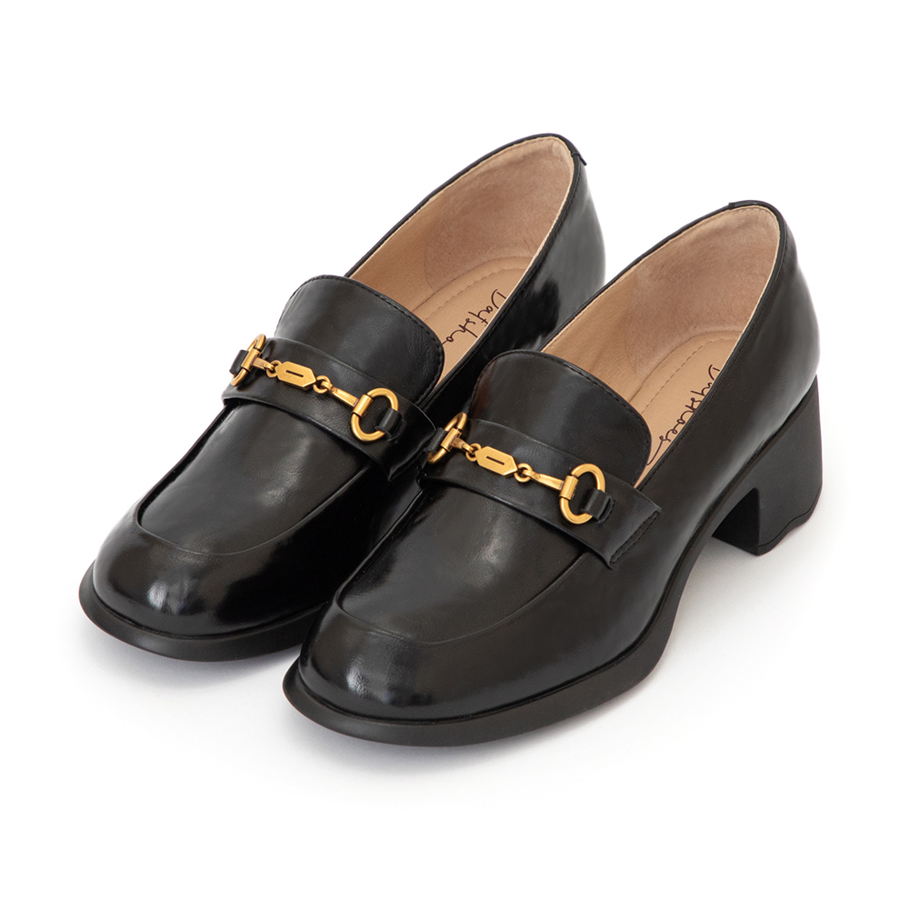 【真皮系列】波浪靜音跟馬銜釦樂福鞋 黑色