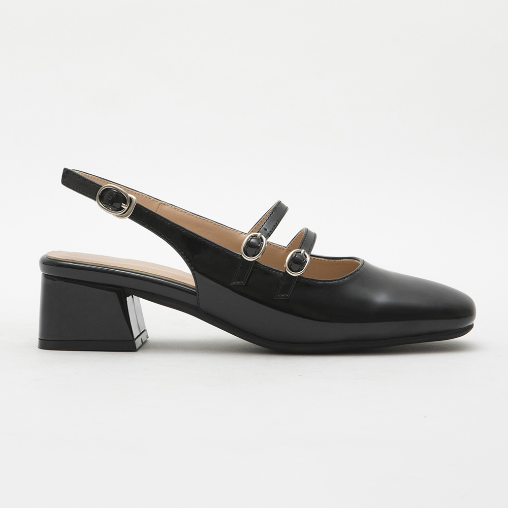 Patent Leather Double Strap Low-Heel Slingback Mary Jane Shoes Black