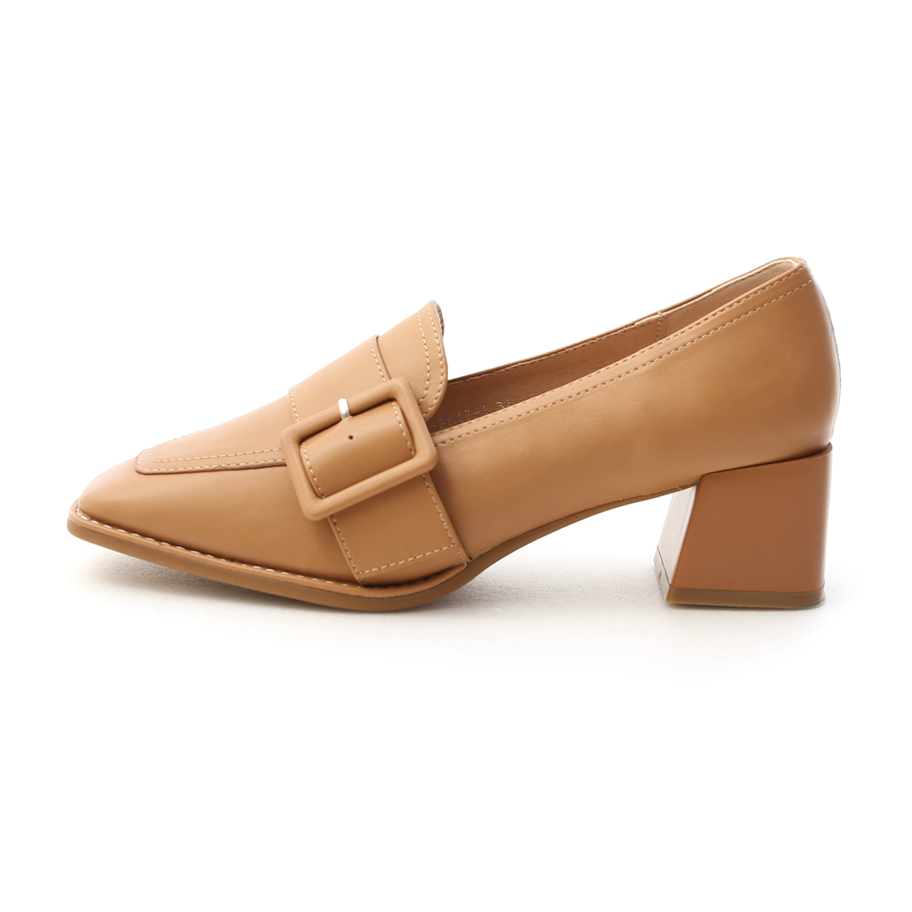 Square Toe Mid-Heel Buckle Loafers Brown