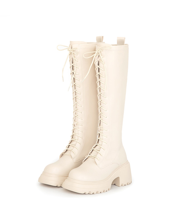 女團風輕量厚底綁帶長靴 米白色