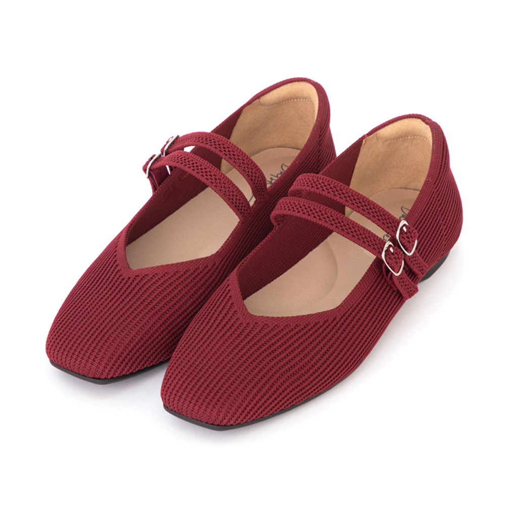 【3D零感雲織鞋】雙帶方頭瑪莉珍鞋 酒紅色
