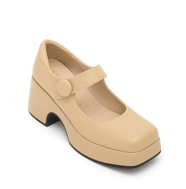 Square-Toe Thick-Soled Mary Jane Shoes Beige