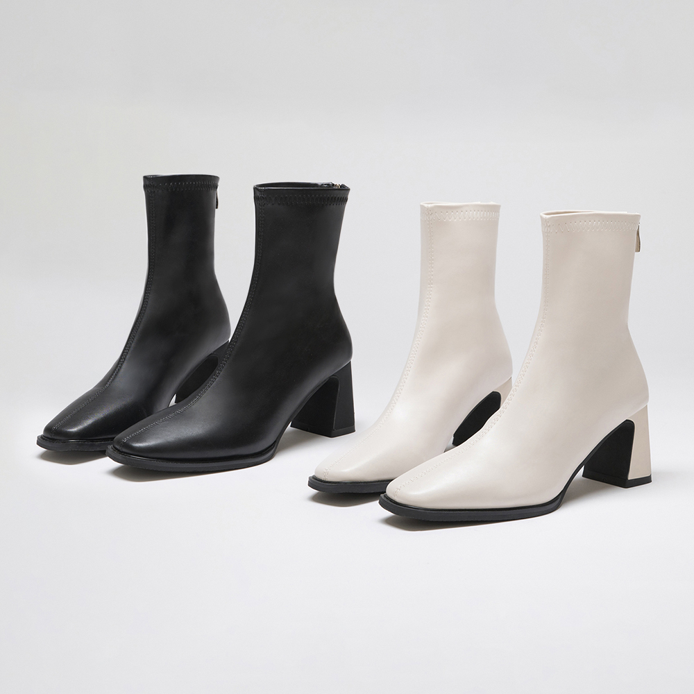 Plain Square Toe High Heels Slimming Boots Vanilla