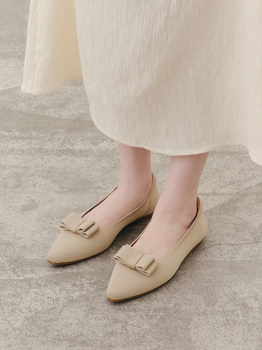 【3D零感雲織鞋】尖頭可拆卸蝴蝶結平底鞋 密茶杏