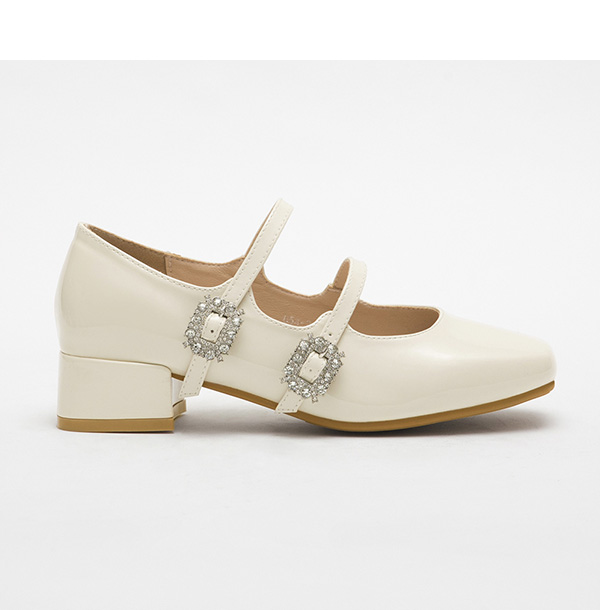 4D Cushioned Double-strap Diamond Buckle Mary Jane Shoes Vanilla