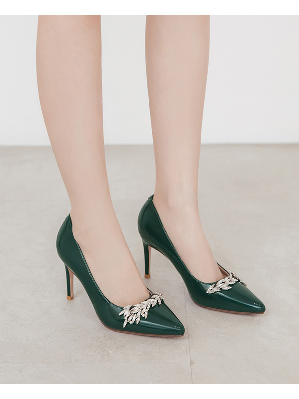 Glamour Gem-Embellished Patent Leather 8cm Heels Green