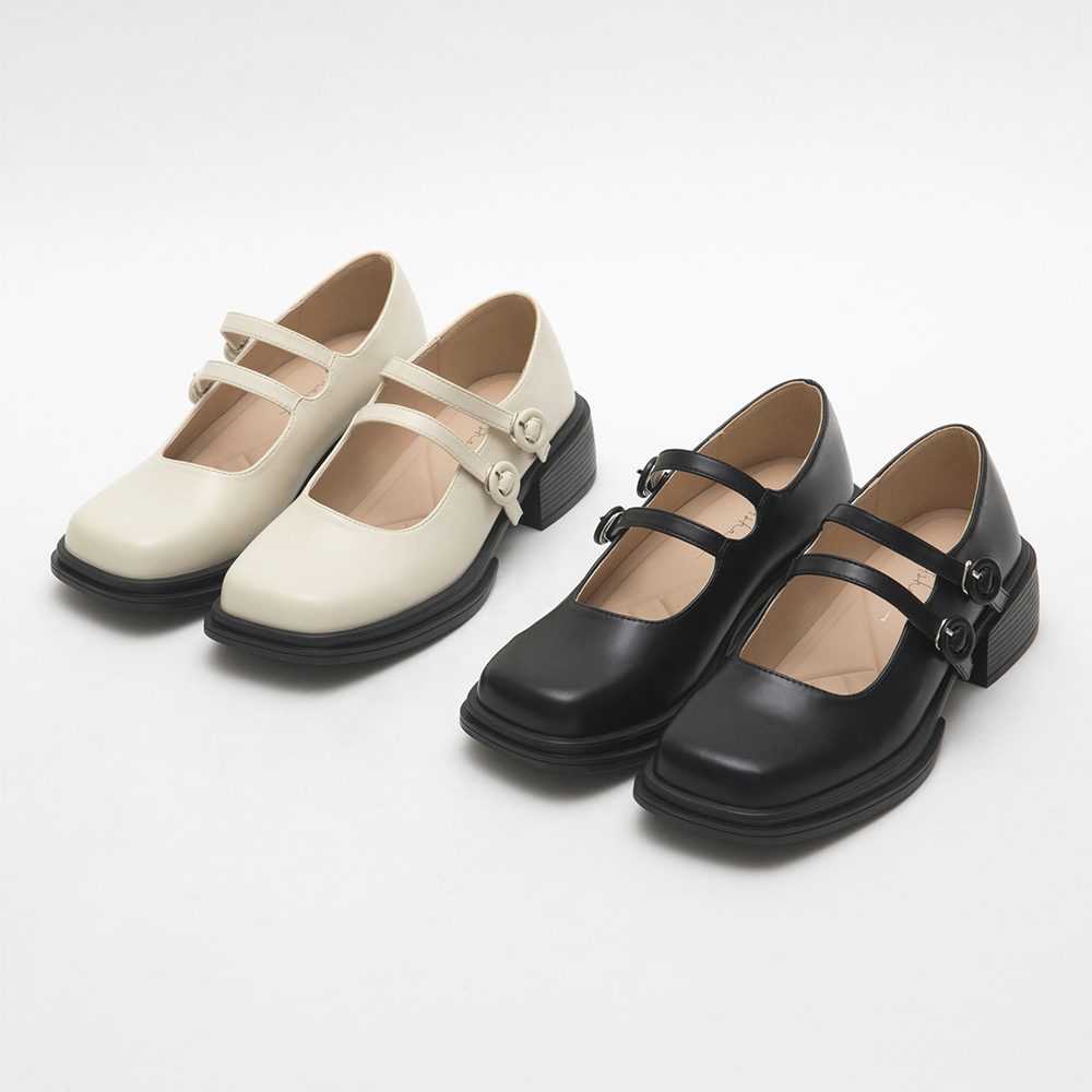 Double-Strap Square Toe Mary Jane Shoes Black