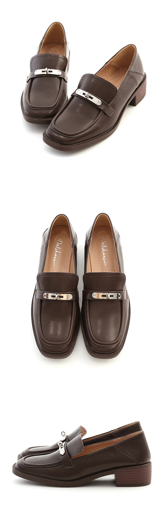 Metal Buckle Wooden Heel Loafers Dark Brown