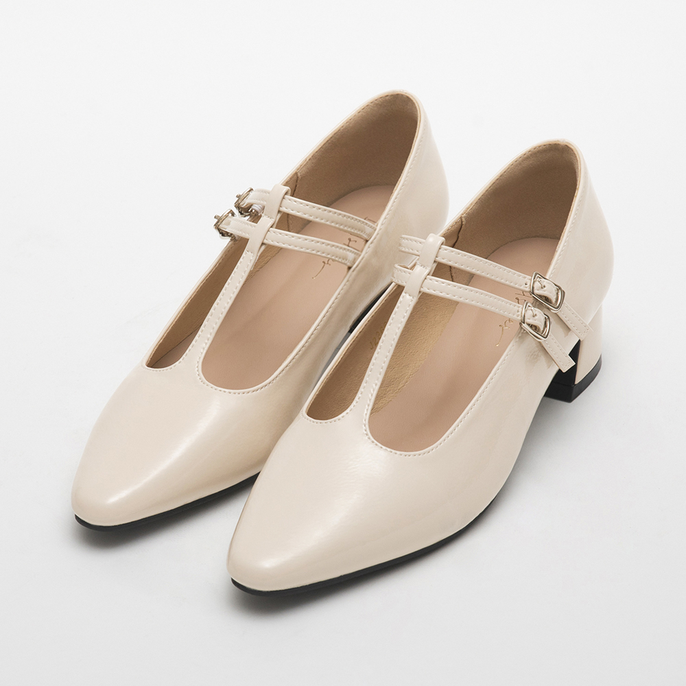 Patent T-Bar Mid-Heel Mary Jane Shoes Ivory White