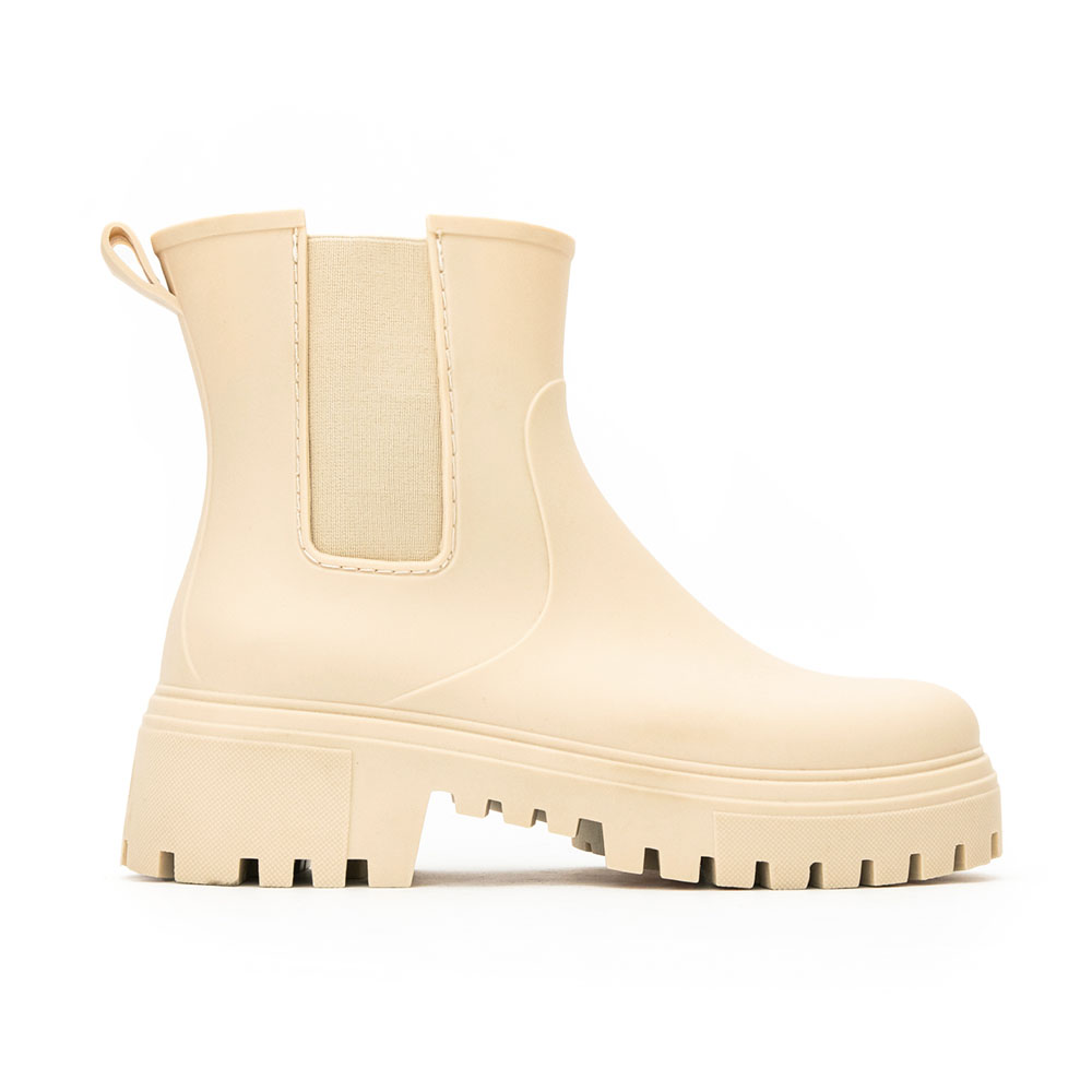 【機能鞋墊】鬆緊拼接內增高切爾西雨靴 米白色