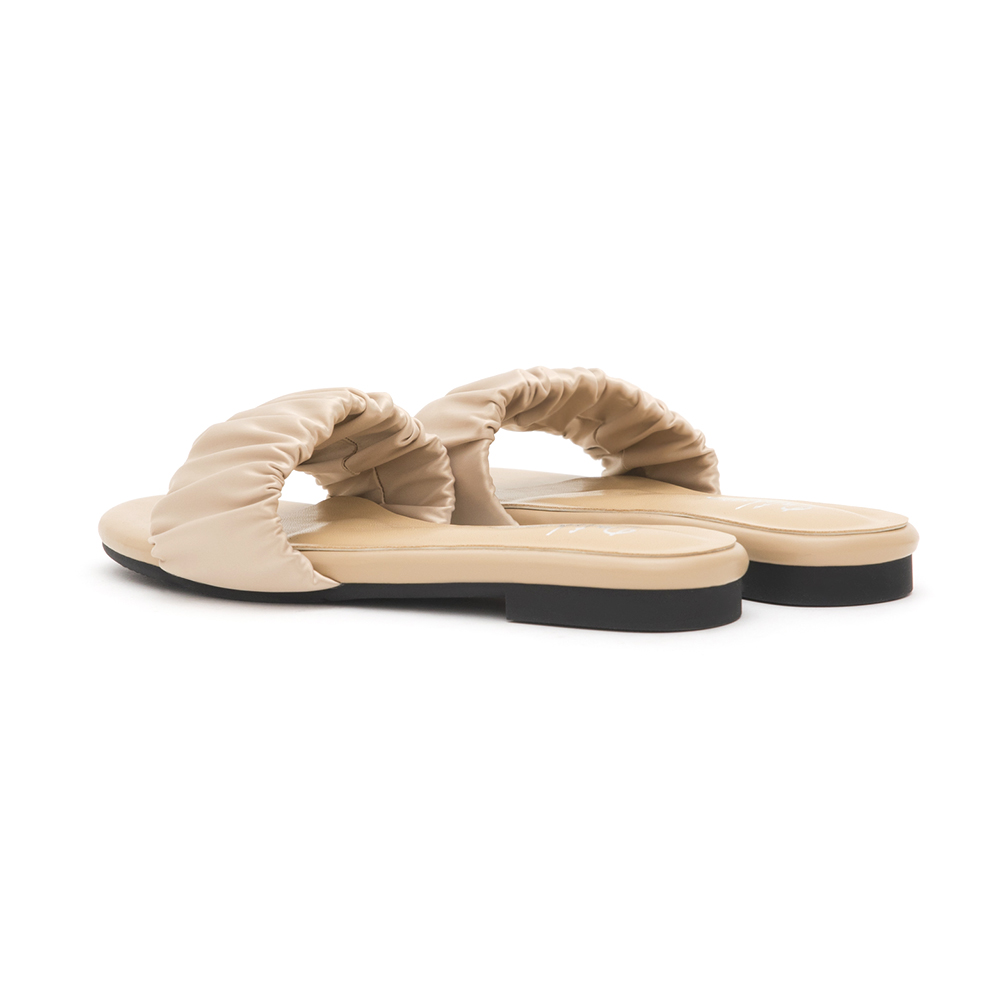 Satin Ruched Details  Flat Slides Beige