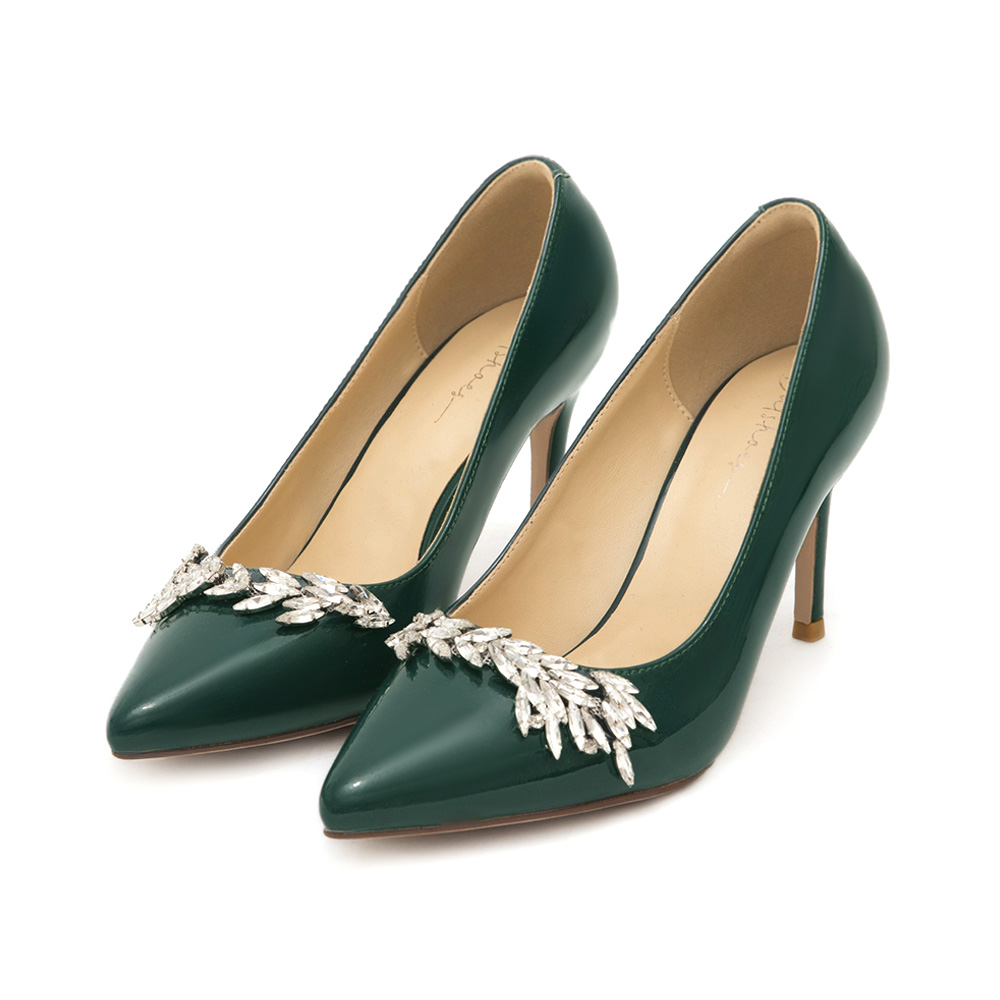 Glamour Gem-Embellished Patent Leather 8cm Heels Green