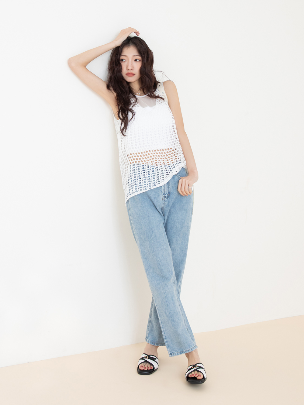 南法時光拼接設計平底拖鞋 黑