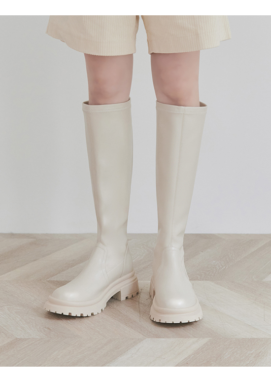 Plain Thick Sole Slimming Tall-Boots Vanilla