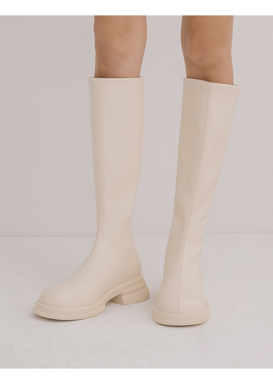 Plain Round Toe Under-The-Knee Boots Vanilla