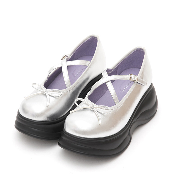 Thick-Soled Cross-Strap Ballet Shoes Silver