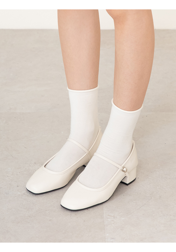 甜蜜蜜方頭氣質粗跟瑪莉珍鞋 米白色