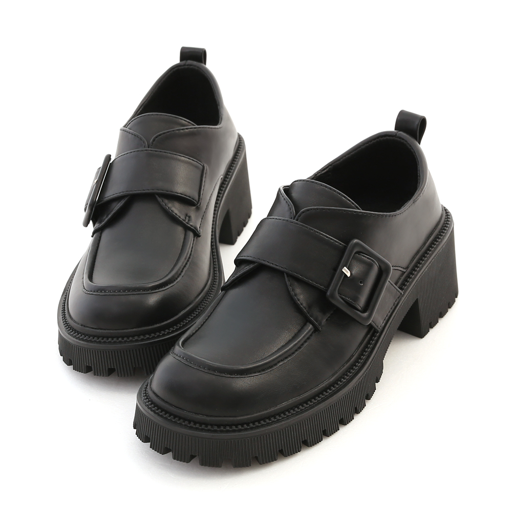 Thick Sole Square Buckle Mid-Heel Loafers Black