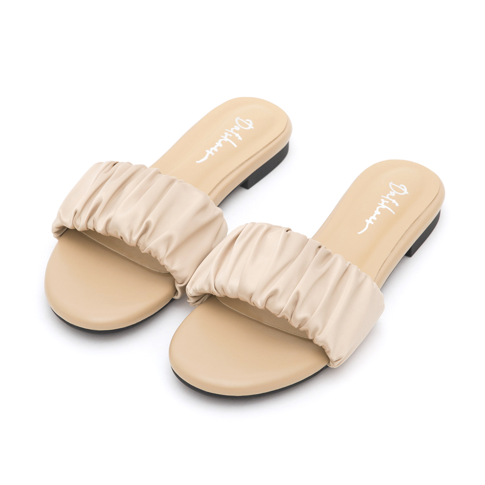 Satin Ruched Details  Flat Slides Beige