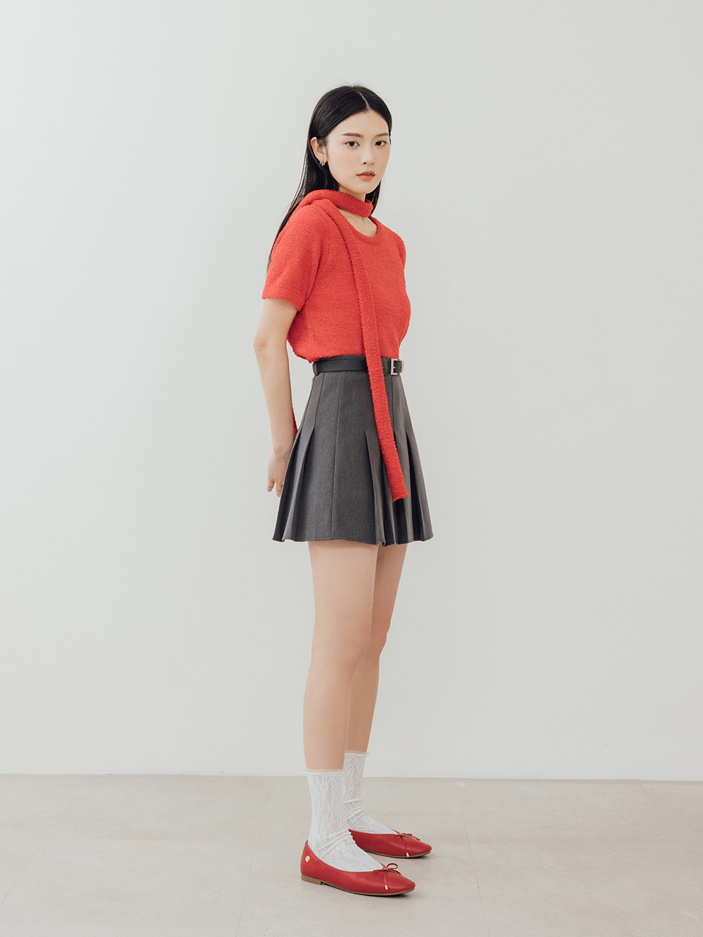 浪漫花釦．小蝴蝶結平底芭蕾娃娃鞋 魅力紅