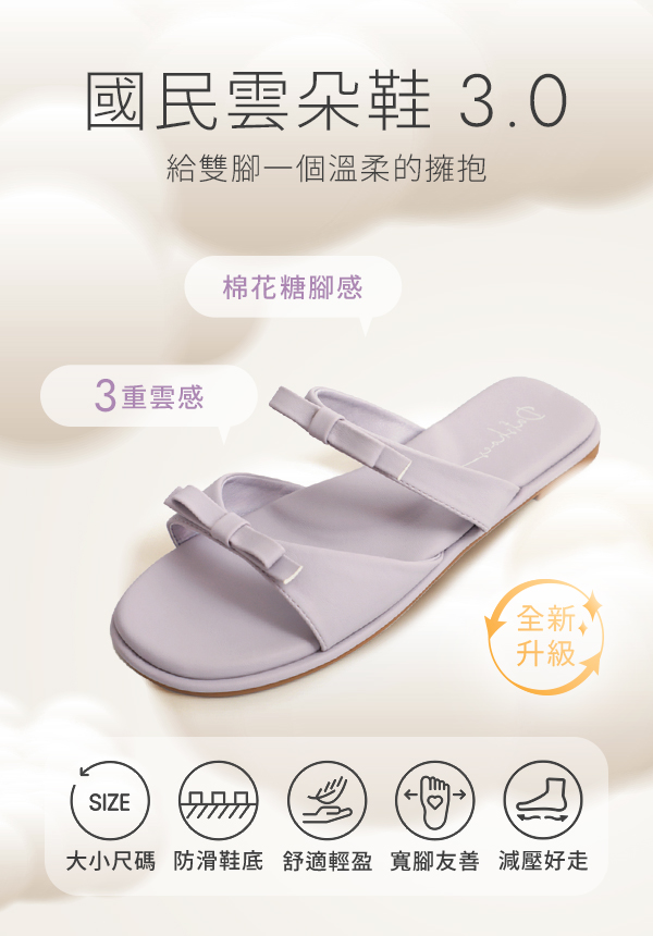 【國民雲朵鞋3.0】蝴蝶結雙帶平底拖鞋 香草米