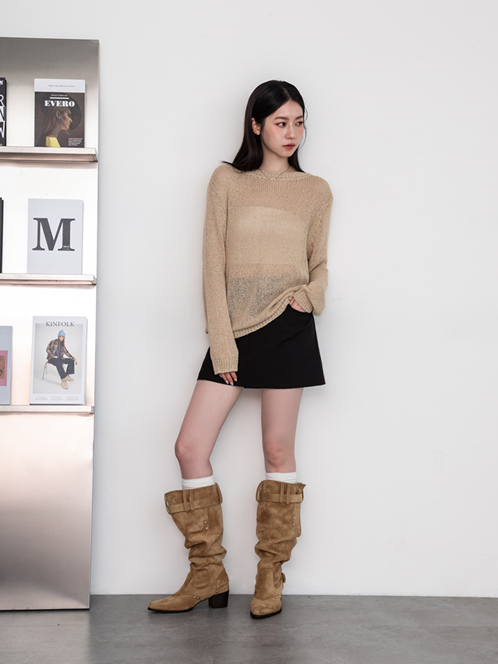 流浪風褲型剪裁尖頭寬筒靴 卡其色