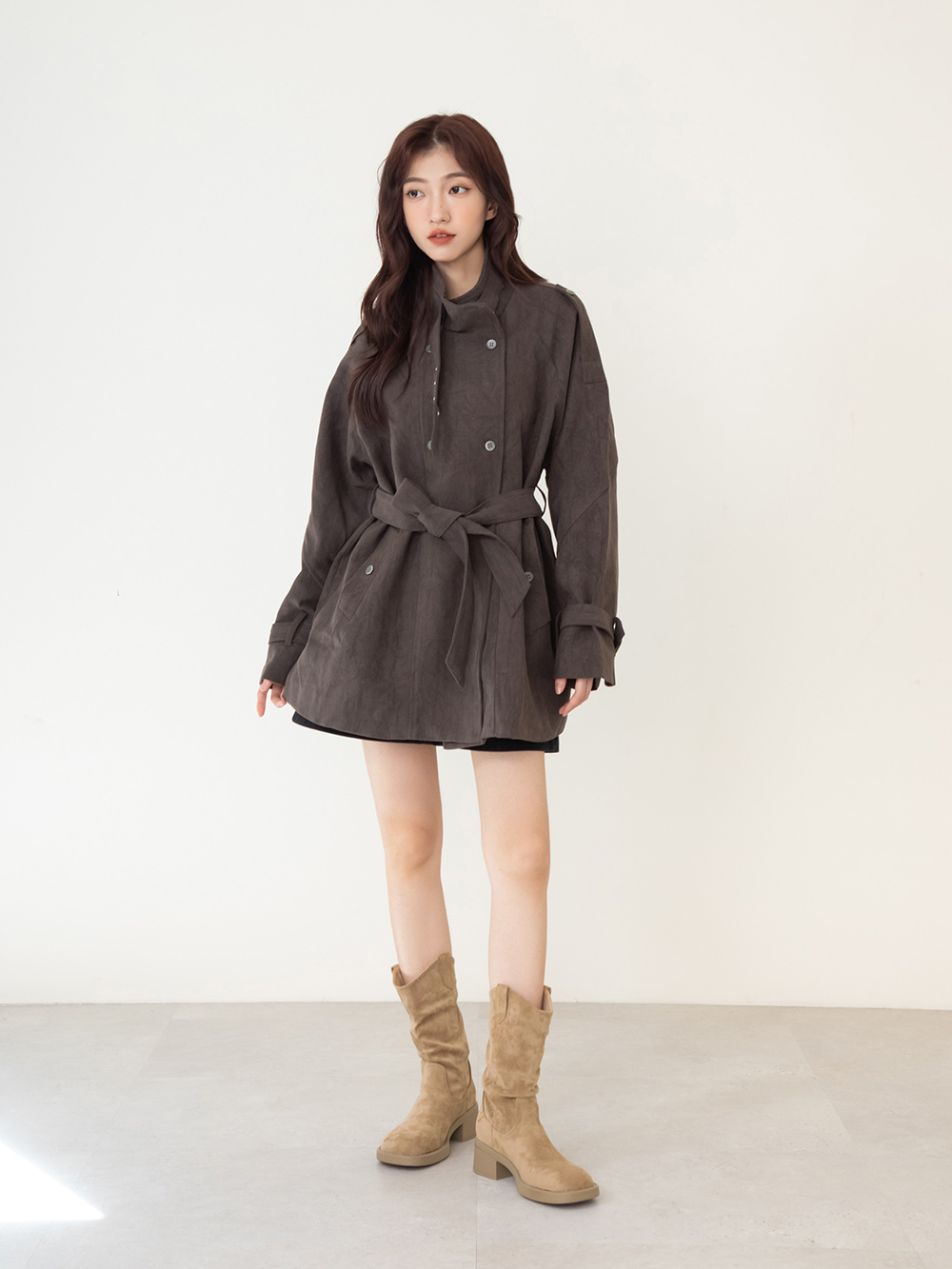 嬉皮小V口抓皺西部堆堆靴 杏色