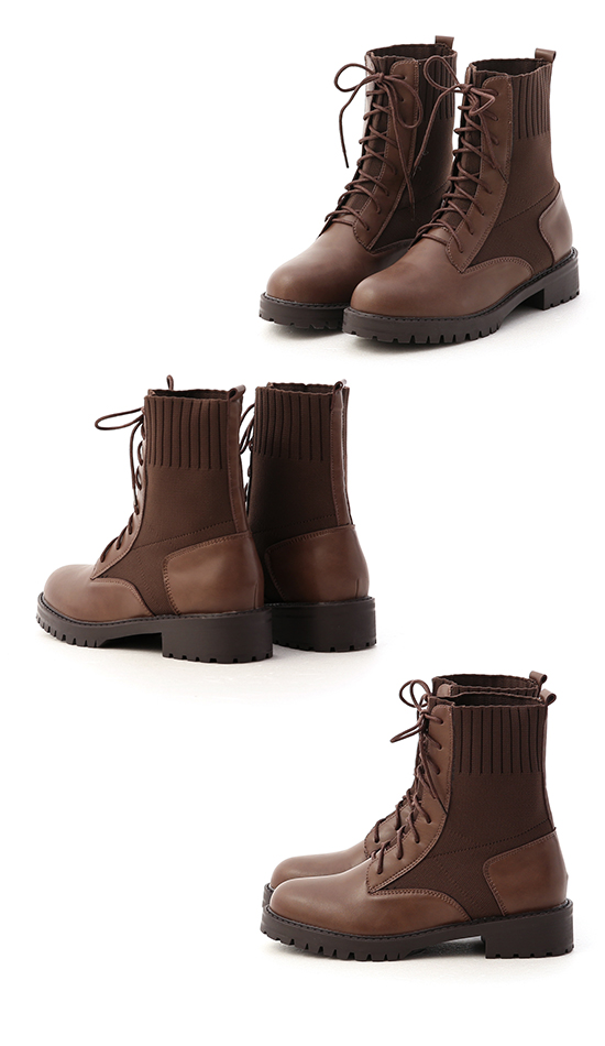 Stitching Knitting Lace-Up Boots Dark Brown