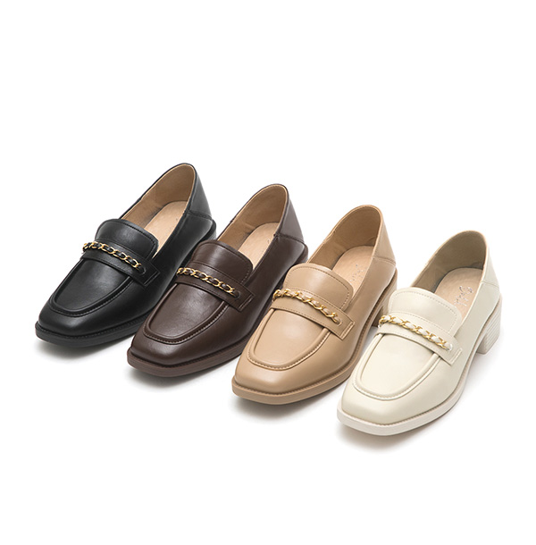 Metal Chain Square-Toe Loafers French Vanilla White