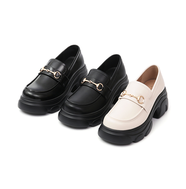 Trendy Horsebit Chunky Sole Loafers Black Patent