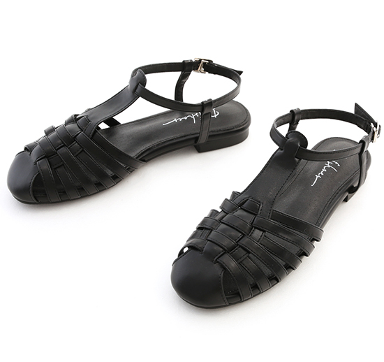 Caged Ankle-Strap Flat Sandals Black