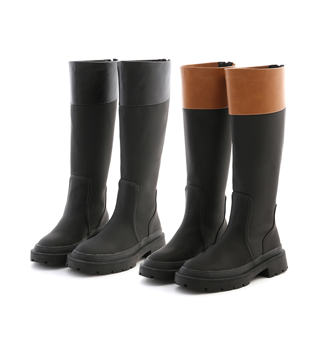 Dual Material Military-Style Under-The-Knee Boots Black