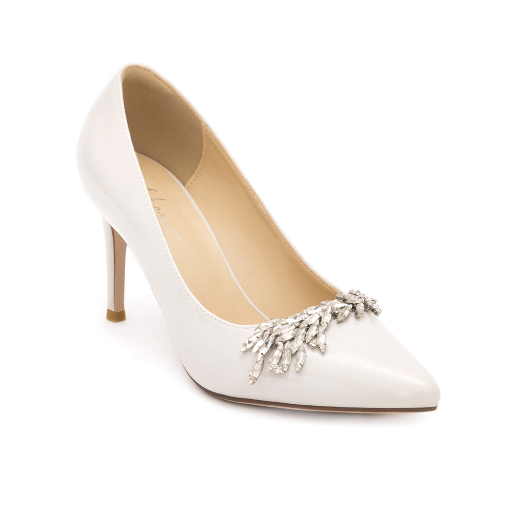 Glamour Gem-Embellished Patent Leather 8cm Heels French Vanilla White