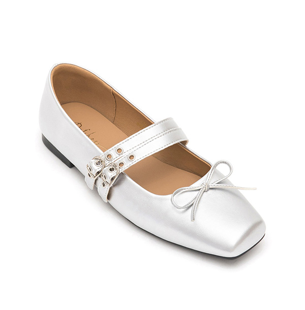 Punk Metal Double Buckle Ballet Flats Silver